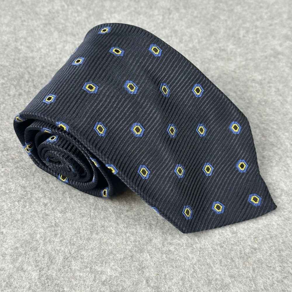 Vintage Luciano Barbera Italy Silk Tie Navy Blue Geometric Foulard 59x3.75"